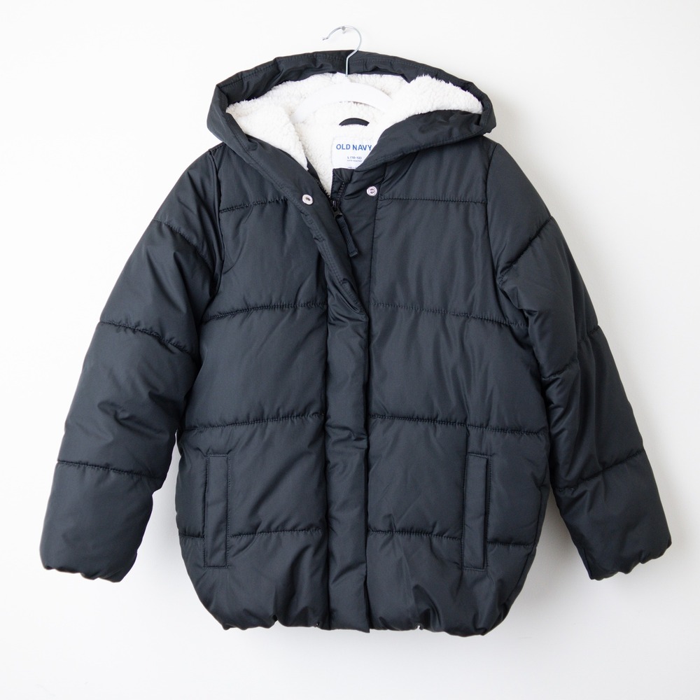 Old Navy Puffer Jacket Vail Cocoon Kids‎ Size L 10-12 Black Sherpa Lined Hooded